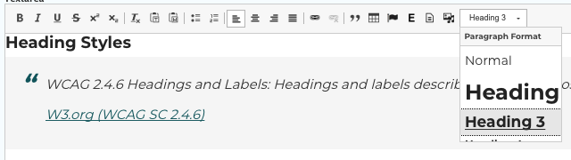 Screenshot of the Drupal format editor, displaying the Heading Styles menu opened.