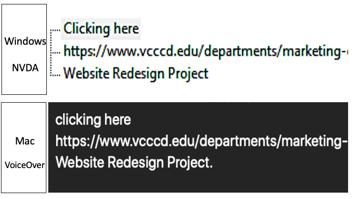 Three links are displayed out of context with screenshots from the NVDA and VoiceOver screen reader
